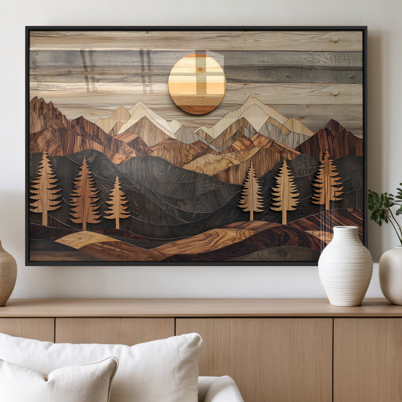 MGV-FP-36X24-3P - Wooden Mountain Layers Canvas Wall Art – Rustic Pine Tree Landscape with Sunlight Artistic Nature