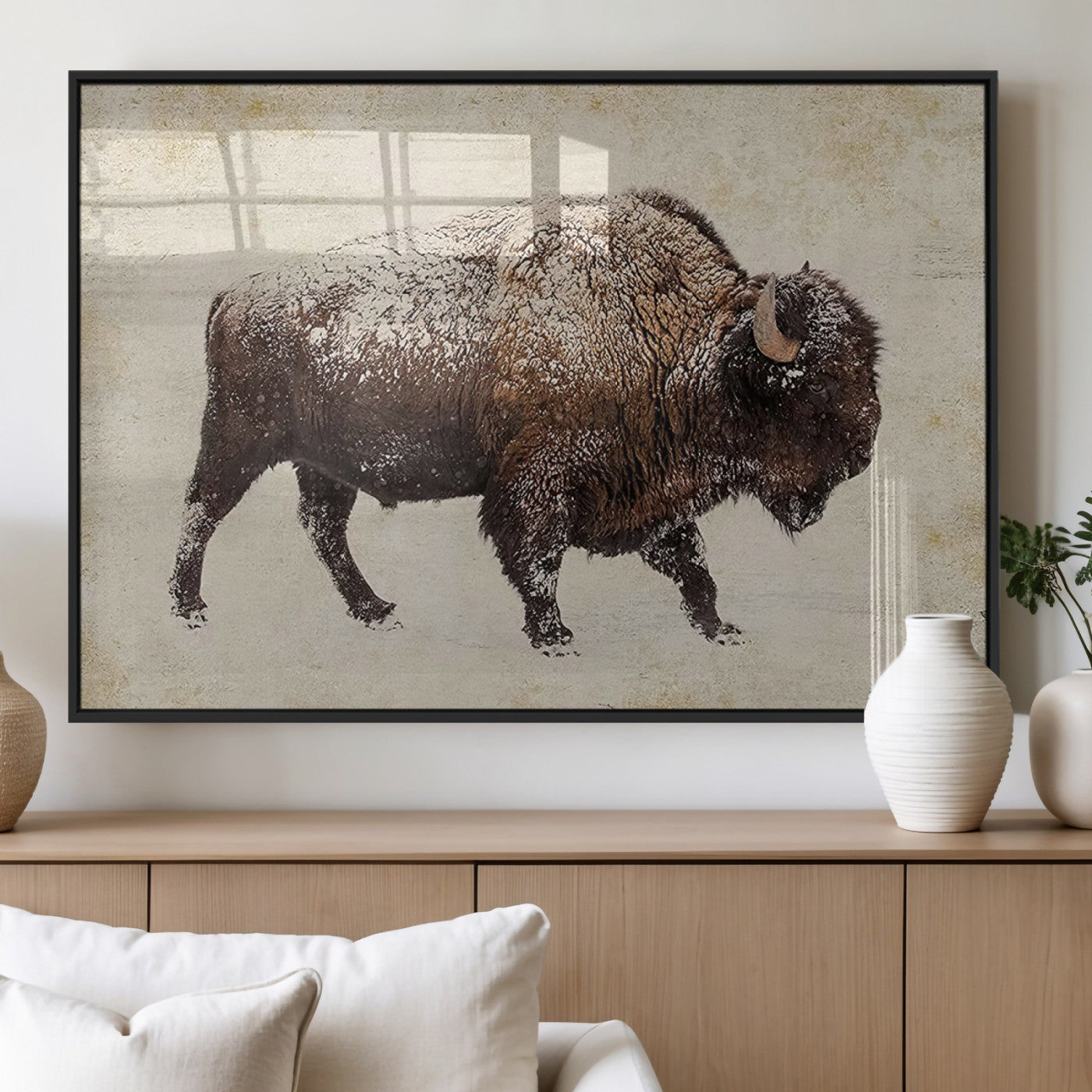 54810031-MGV-CV-60X30-3P_Black-Snow-dusted bison silhouette textured vintage style rugged wildlife art with neutral tones perfect for rustic home decor Wall Art Canvas Print design