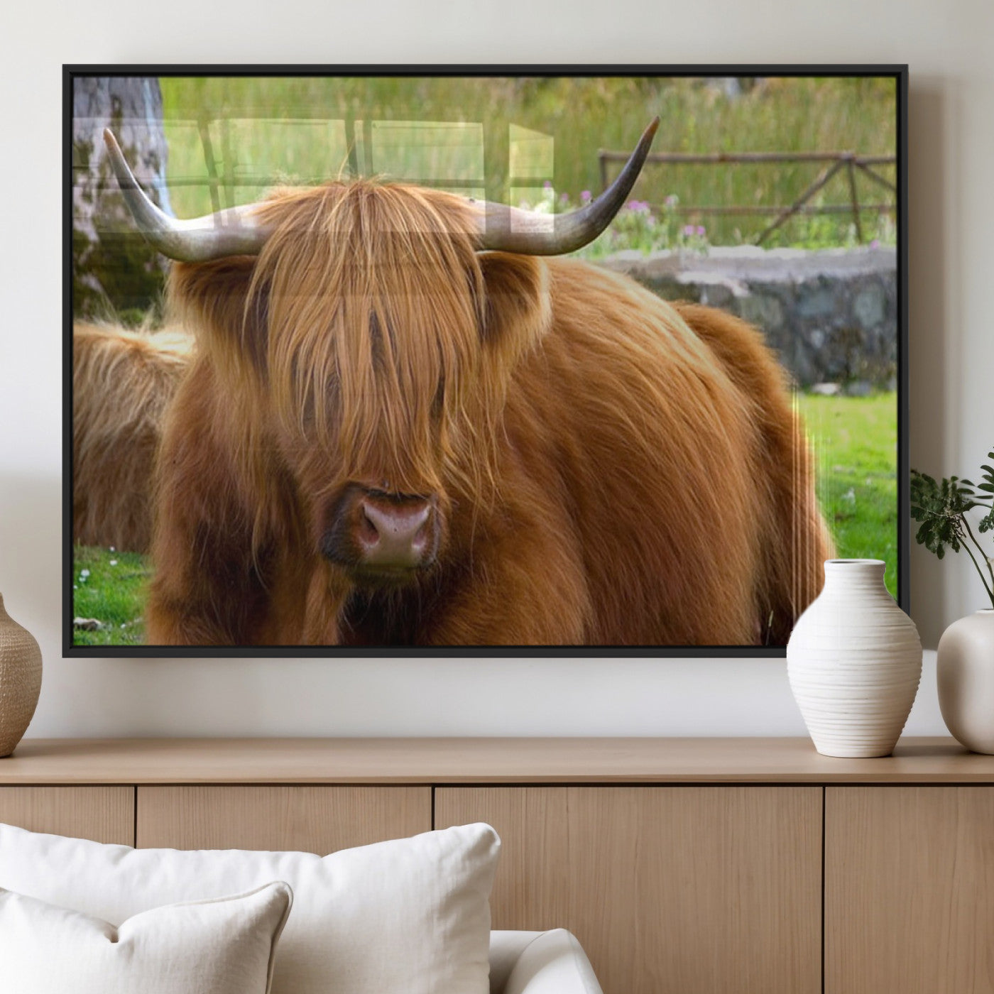 68411138-MGV-CV-60X30-3P_Black-Highland Cow Long Hair Rustic Farm Animal Horns Green Pasture Natural Beauty Outdoor Wall Art Canvas Print