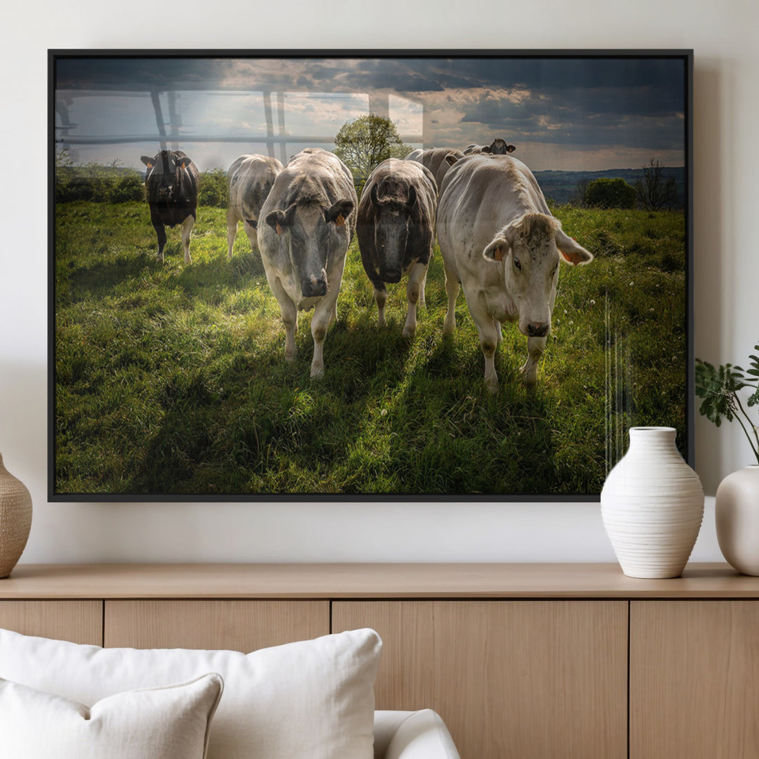 Grazing Cattle Herd Wall Art Canvas Print, Framed Green Pasture Farm Scene