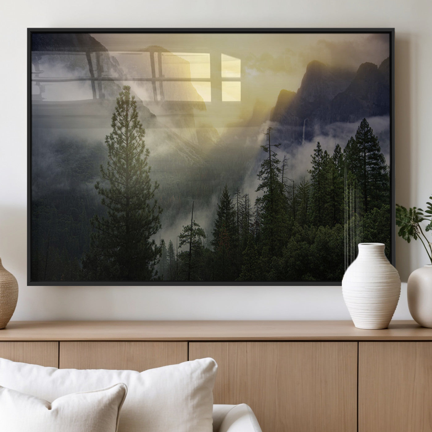 38316884-MGV-CV-60X30-3P_Black-Misty Forest Sunrise Mountain Valley Pine Trees Foggy Landscape Nature Scenic Outdoors Calm Tranquil Wall Art Canvas Print