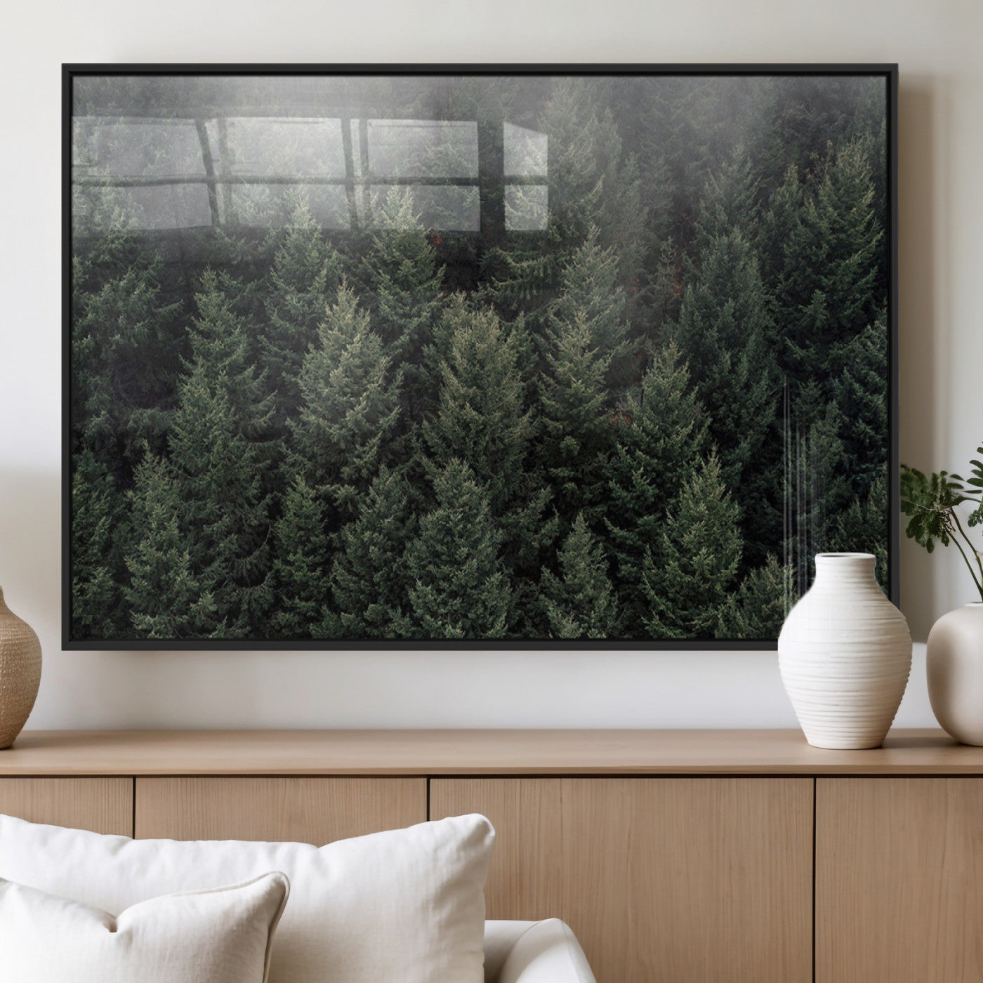 84059409-MGV-CV-60X30-3P_Black-Dense Evergreen Forest Misty Morning Fog Pine Trees Woodland Nature Landscape Calm Peaceful Scenic Wall Art Canvas Print
