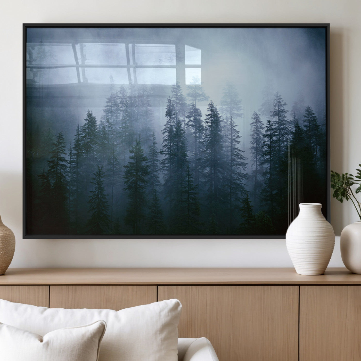 93439624-MGV-CV-60X30-3P_Black-Foggy Evergreen Pines Mist Forest Blue Haze Moody Atmospheric Wilderness Nature Trees Scenic Tranquil Peaceful Landscape Wall Art Canvas Print