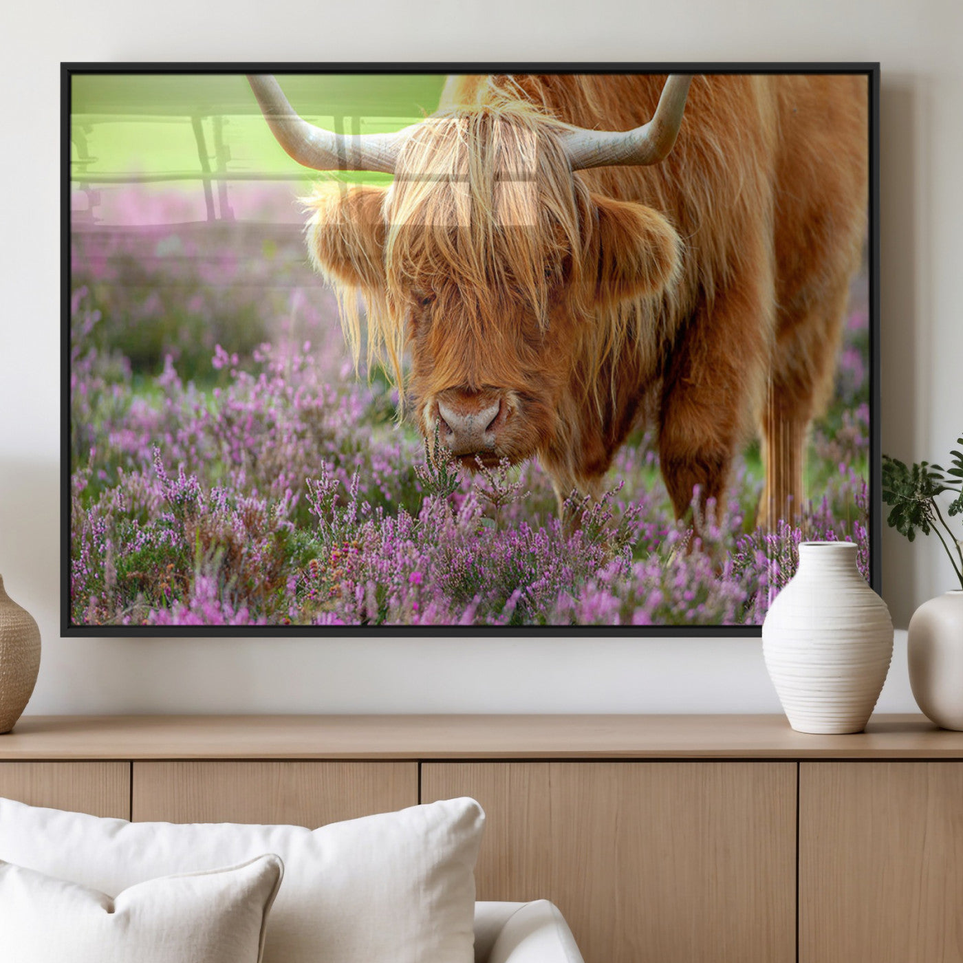 64069351-MGV-CV-60X30-3P_Black-Highland Cow Purple Flowers Nature Pasture Scenic Wildlife Animal Grazing Meadow Calm Rustic Charm Outdoors Peace Wall Art Canvas Print