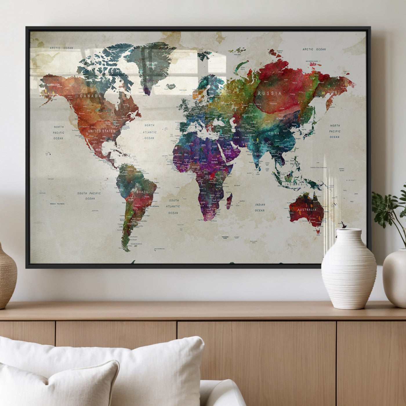 Colorful watercolor world map with countries labeled, featuring rich, vibrant hues across continents on a vintage beige background, Wall Art Canvas Print style.