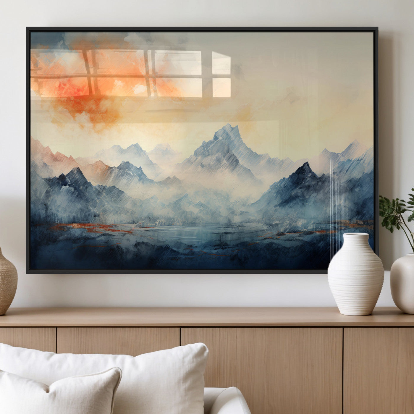 WRM1005-MGV-FP-36X24 - Warm Clouds Abstract Mountain Wall Art, Modern Landscape Canvas Print, Minimal Framed Artwork for Home, Office