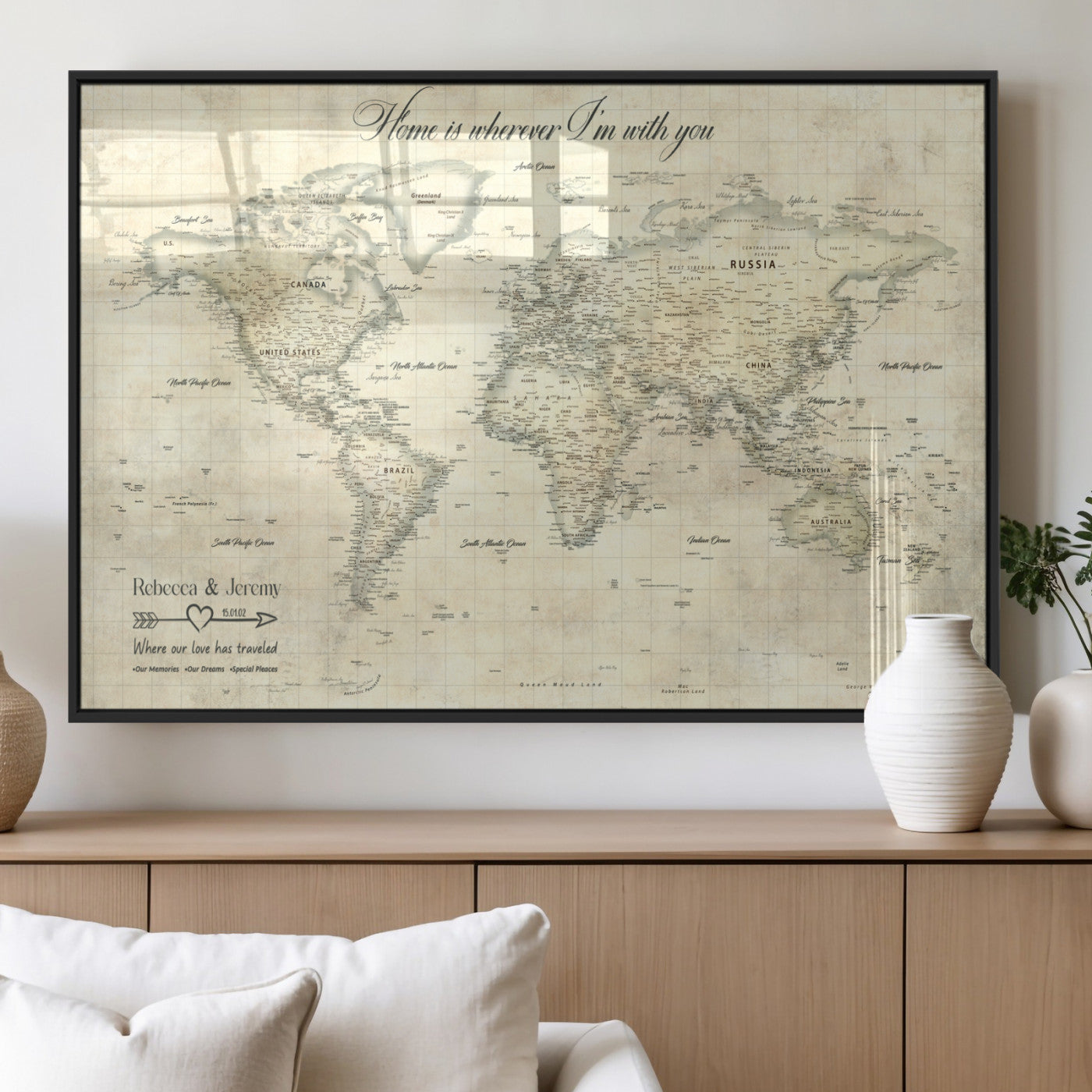 MGV-FP-36X24-3P - Personalized World Map Wall Art Canvas Print – Custom Push Pin Travel Map for Couples, Families, or Office Décor