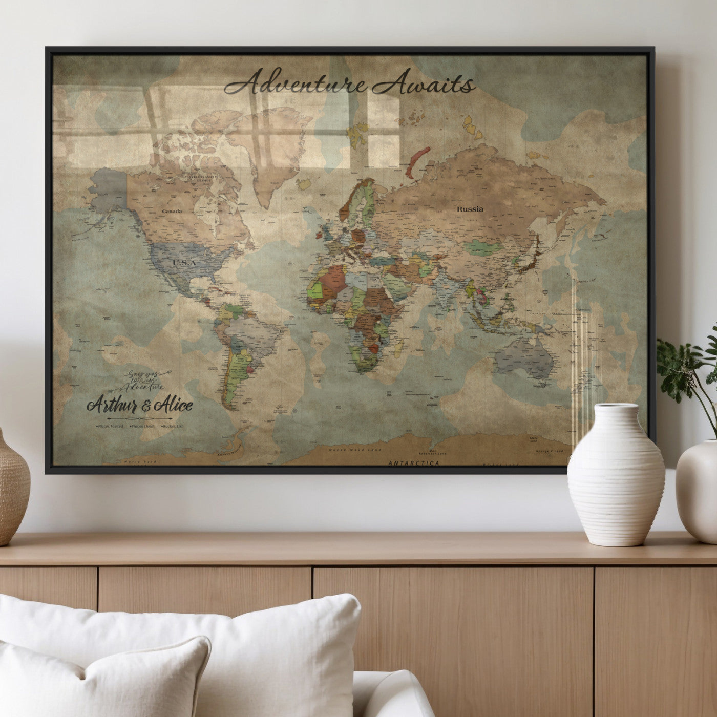 MGV-FP-36X24-3P - Personalized World Map Wall Art Canvas Print – Custom Push Pin Travel Map for Couples, Families, or Office Décor