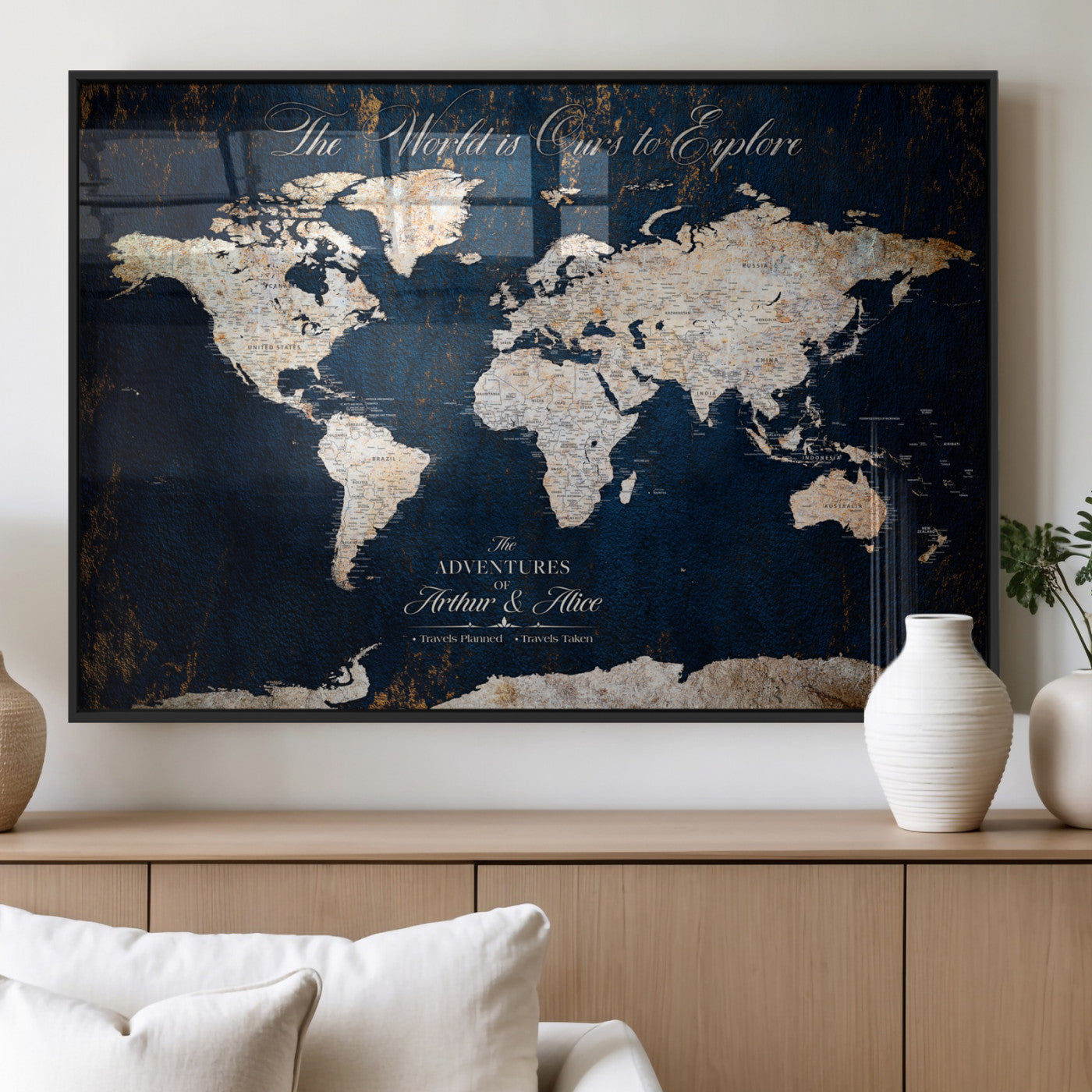 MGV-FP-36X24-3P - Personalized World Map Wall Art Canvas Print – Custom Push Pin Travel Map for Couples, Families, or Office Décor