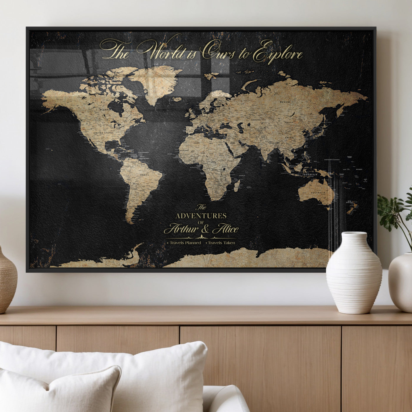 MGV-FP-36X24-3P - Personalized World Map Wall Art Canvas Print – Custom Push Pin Travel Map for Couples, Families, or Office Décor