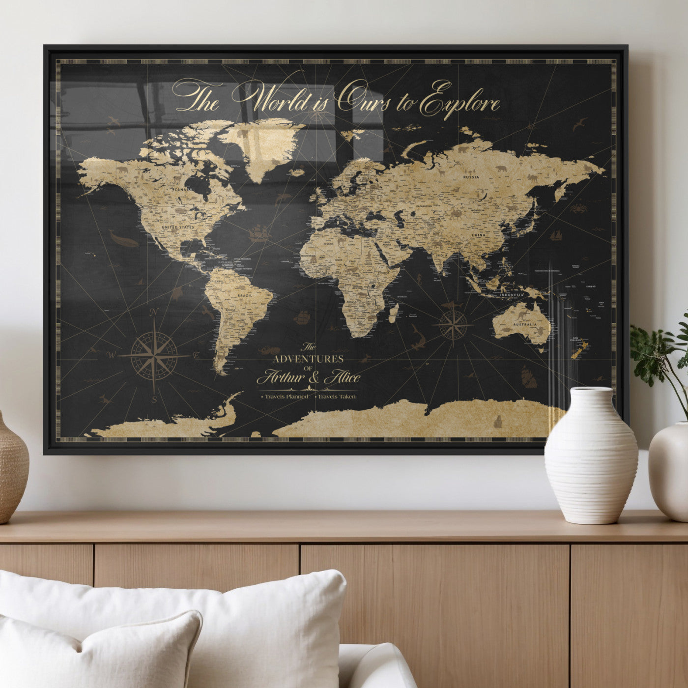 MGV-FP-36X24-3P - Personalized World Map Wall Art Canvas Print – Custom Push Pin Travel Map for Couples, Families, or Office Décor