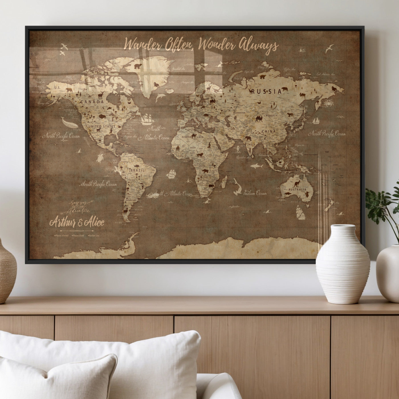 MGV-FP-36X24-3P - Personalized World Map Wall Art Canvas Print – Custom Push Pin Travel Map for Couples, Families, or Office Décor