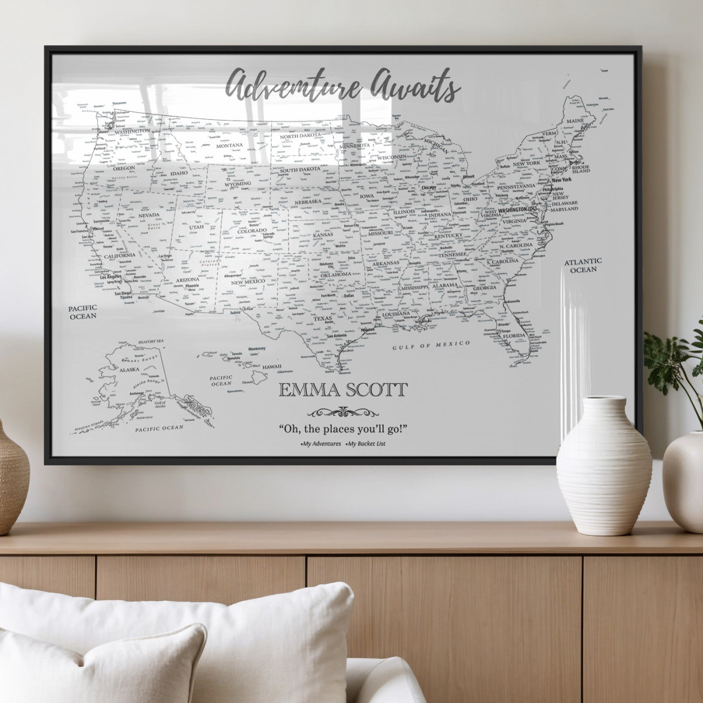 MGV-FP-36X24-3P - Personalized US Map Wall Art Canvas Print – Custom Push Pin Travel United States US Map for Couples, Families, or Office Décor