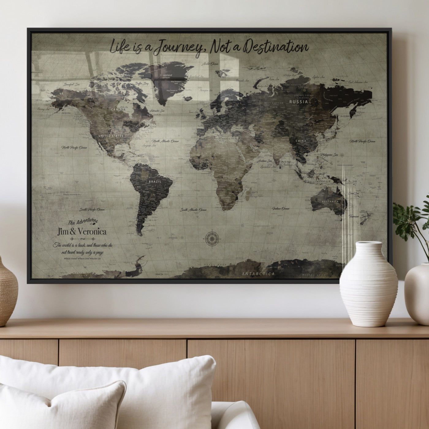 MGV-FP-36X24-3P - Personalized World Map Wall Art Canvas Print – Custom Push Pin Travel Map for Couples, Families, or Office Décor