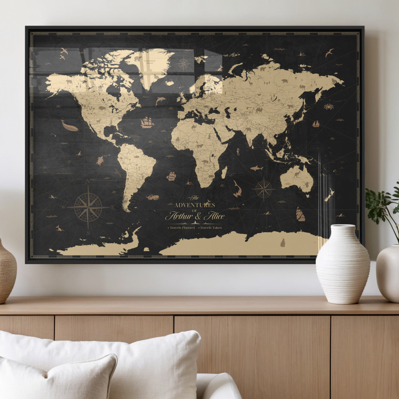 MGV-FP-36X24-3P - Personalized World Map Wall Art Canvas Print – Custom Push Pin Travel Map for Couples, Families, or Office Décor