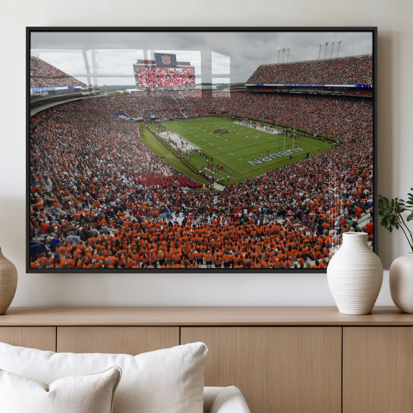 39597998-MGV-FP-36X24-3P_Black-Jordan-Hare Stadium Wall Art Canvas Print, College Sports Art for Man Cave or Game Room, Framed Alabama Football Decor