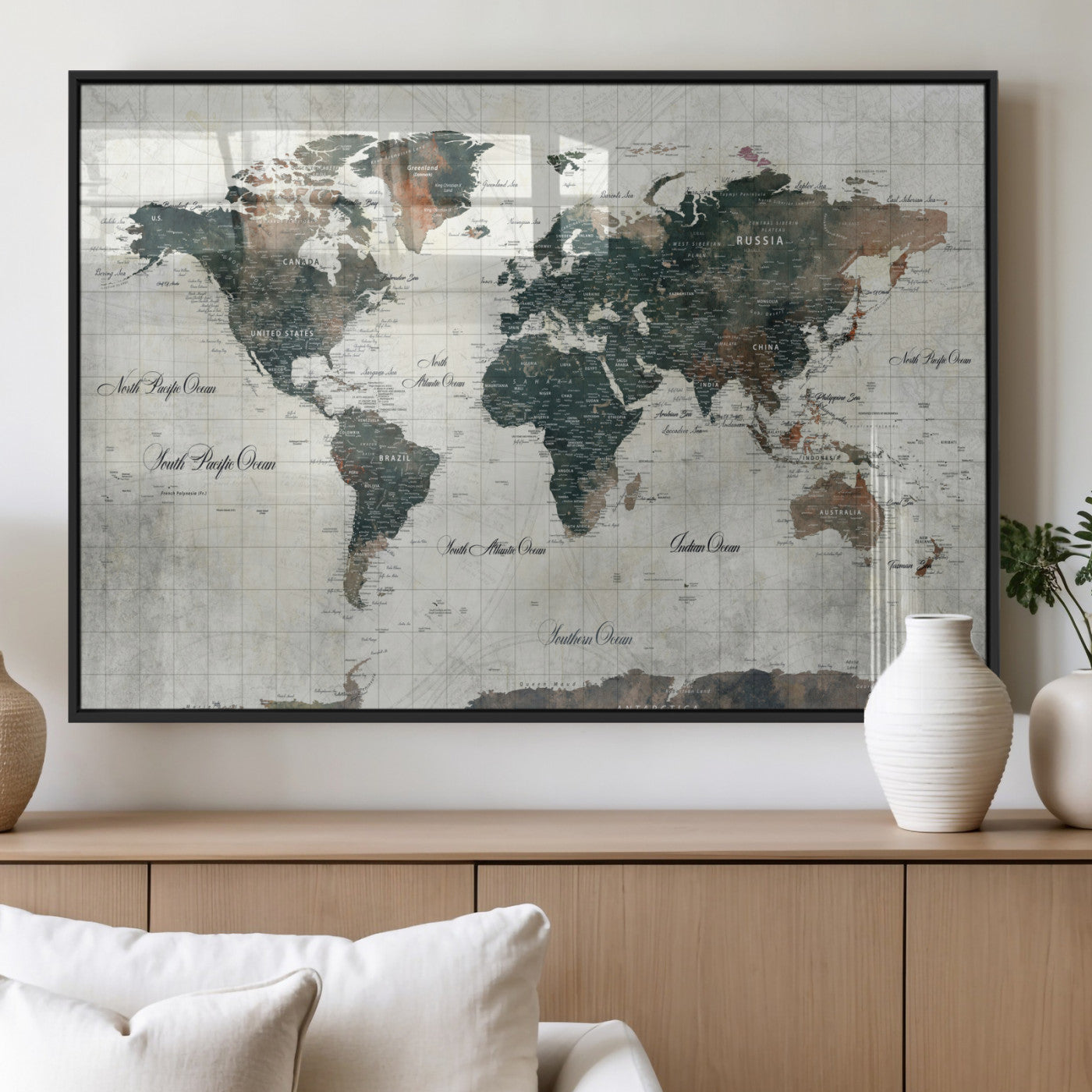 90149079-MGV-FP-36X24 - World Map Wall Art Canvas Print, Modern Decorative Framed Map Artwork Prints for Living Room, Office, Bedroom Wall Decor