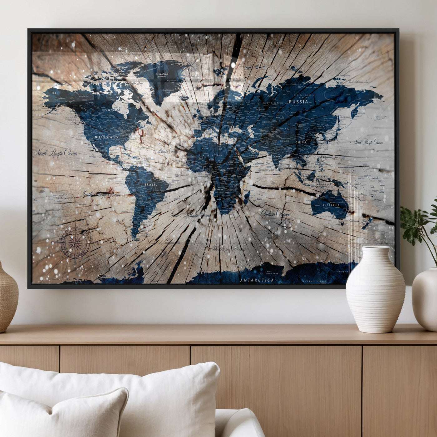 99001695-MGV-FP-36X24 - World Map Wall Art Canvas Print, Modern Decorative Framed Map Artwork Prints for Living Room, Office, Bedroom Wall Decor