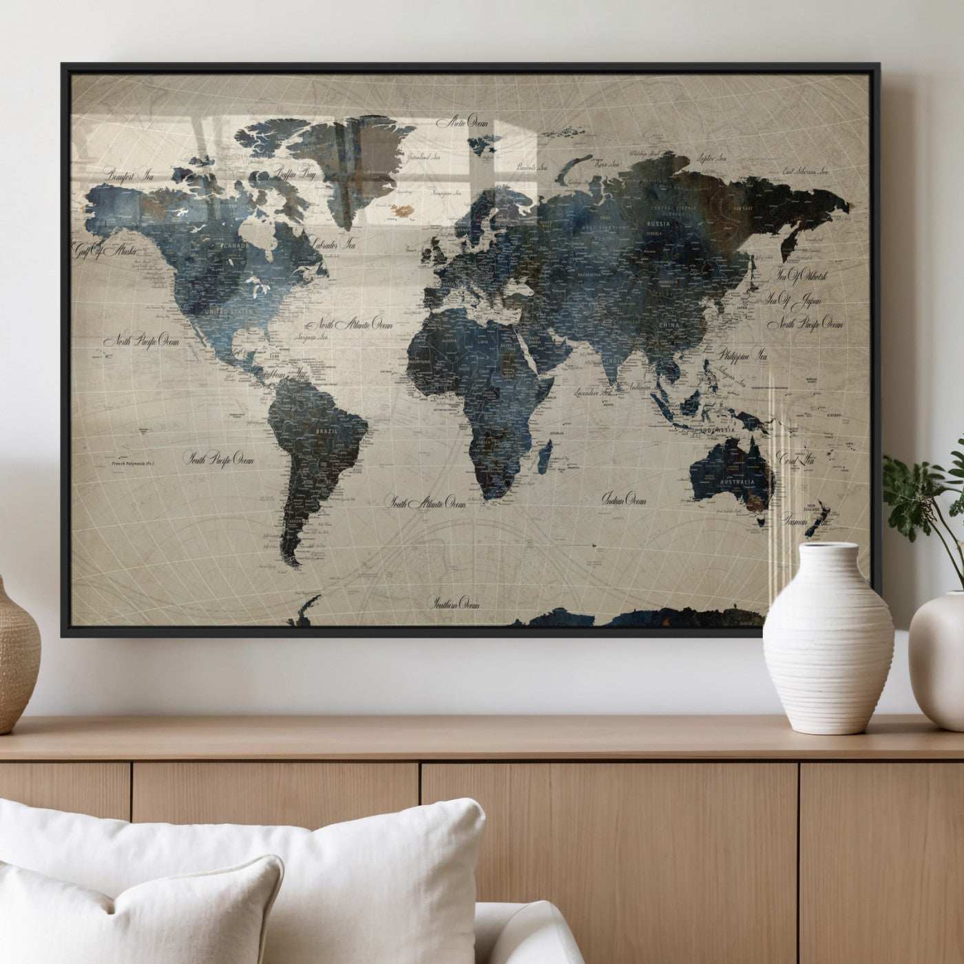 33438443-MGV-FP-36X24 - World Map Wall Art Canvas Print, Modern Decorative Framed Map Artwork Prints for Living Room, Office, Bedroom Wall Decor