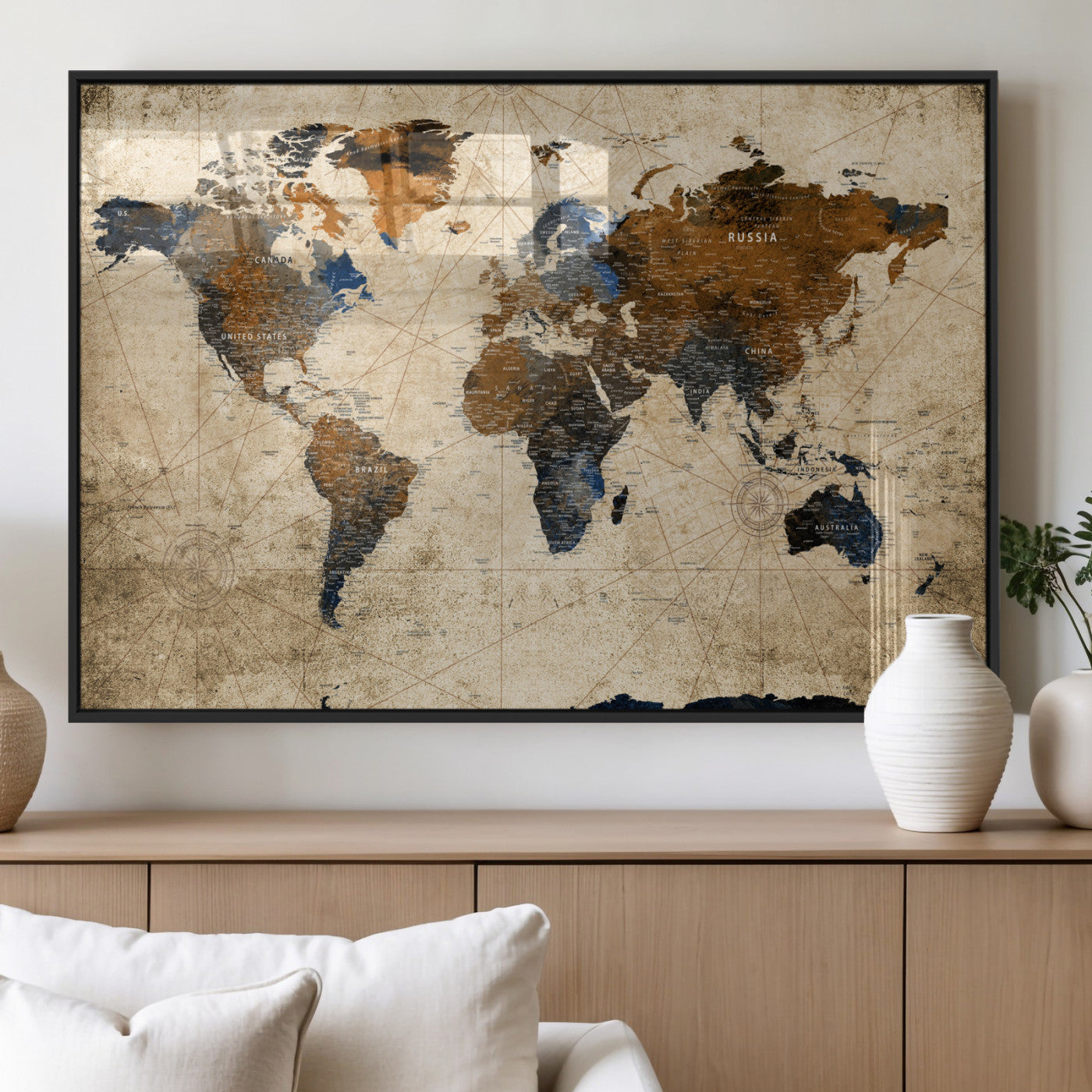 56297284-MGV-FP-36X24 - World Map Wall Art Canvas Print, Modern Decorative Framed Map Artwork Prints for Living Room, Office, Bedroom Wall Decor