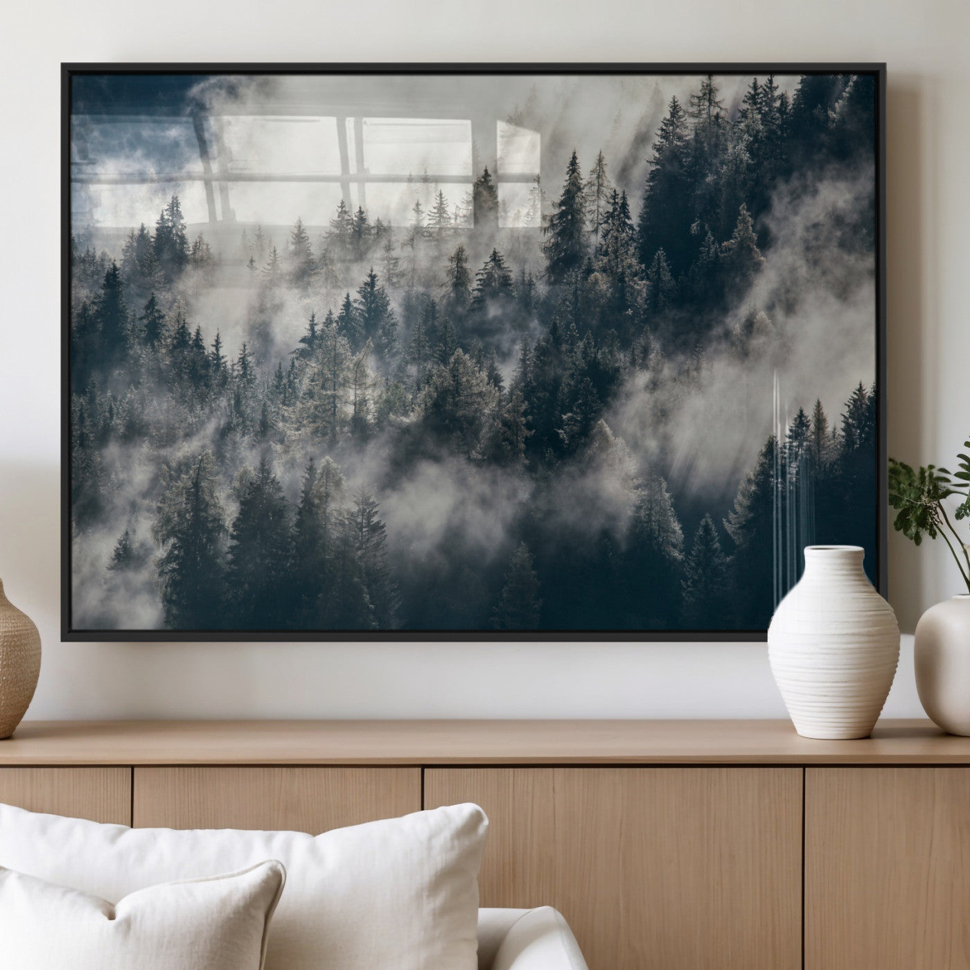 270372951-MGV-FP-36X24 - Misty Pine Forest Canvas Wall Art – Dark Forest Mountaing and Nature Landscape Print, Horizontal Canvas Print