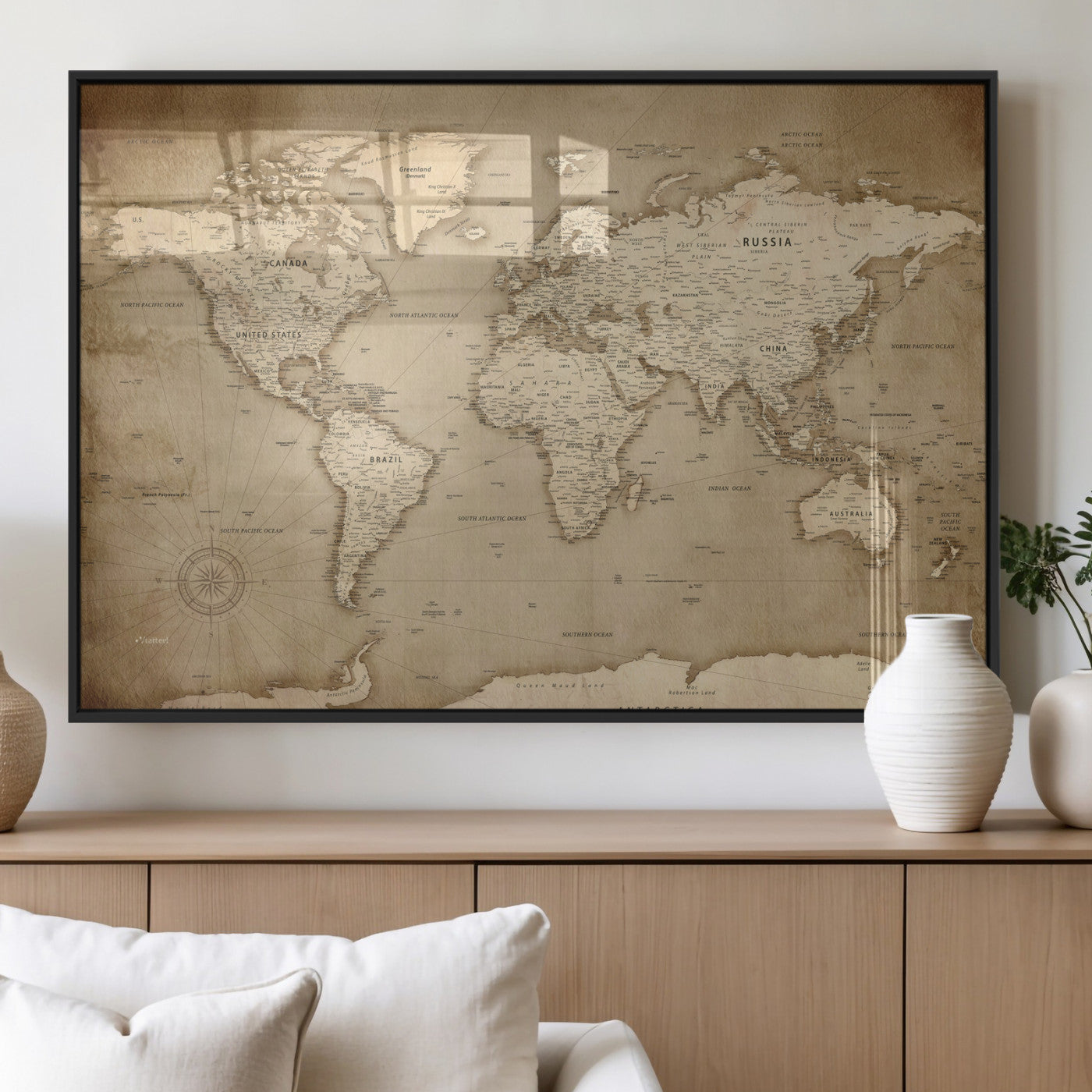 34795134-MGV-CV-36X24 - World Map Wall Art Canvas Print, Modern Decorative Framed Map Artwork Prints for Living Room, Office, Bedroom Wall Decor