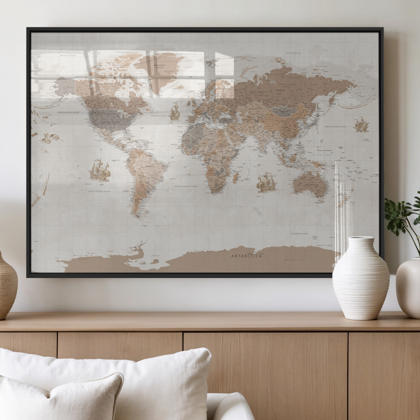 85057279-MGV-CV-36X24 - World Map Wall Art Canvas Print, Modern Decorative Framed Map Artwork Prints for Living Room, Office, Bedroom Wall Decor