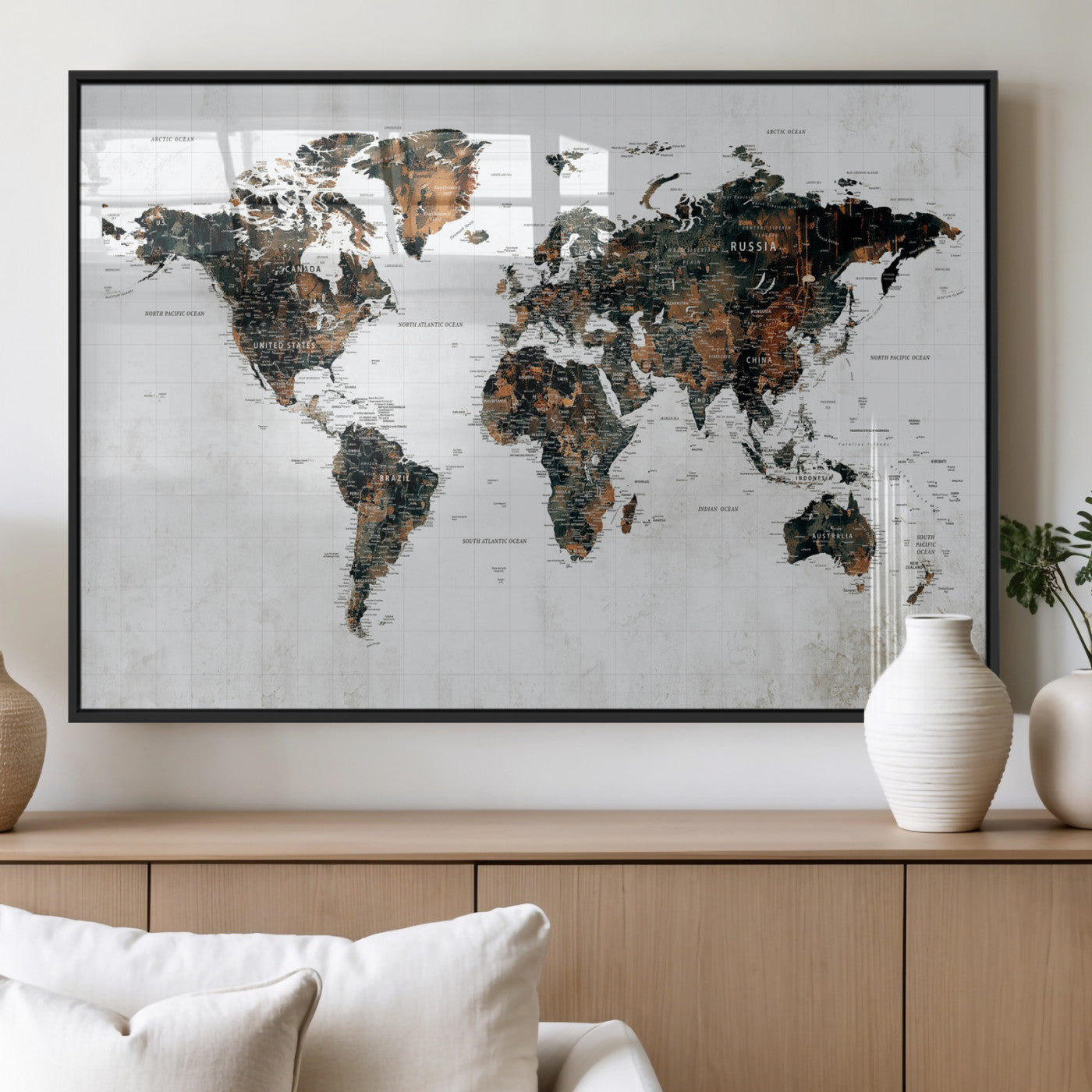60008766-MGV-CV-36X24 - World Map Wall Art Canvas Print, Modern Decorative Framed Map Artwork Prints for Living Room, Office, Bedroom Wall Decor