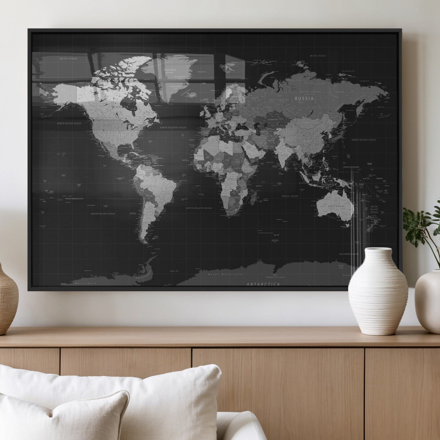 46160121-MGV-CV-36X24 - World Map Wall Art Canvas Print, Modern Decorative Framed Map Artwork Prints for Living Room, Office, Bedroom Wall Decor