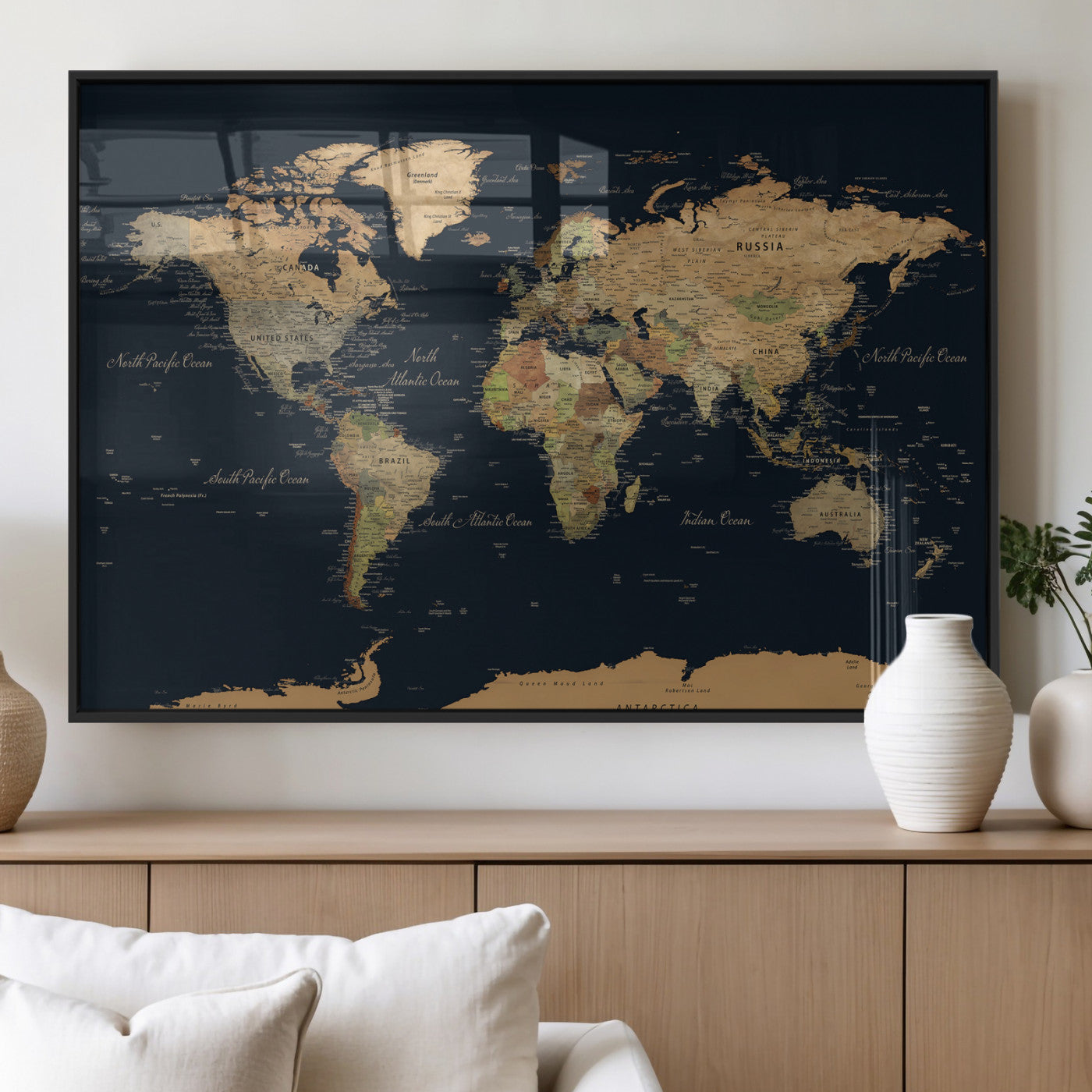 94449133-MGV-CV-36X24 - World Map Wall Art Canvas Print, Modern Decorative Framed Map Artwork Prints for Living Room, Office, Bedroom Wall Decor