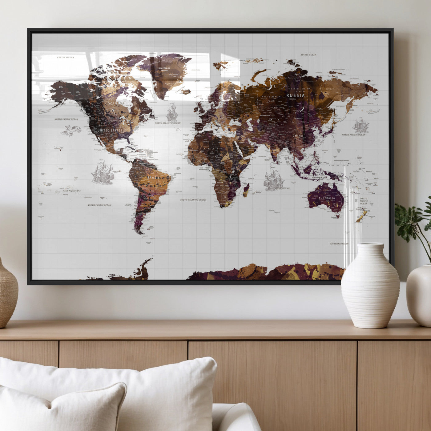 34792695-MGV-CV-36X24 - World Map Wall Art Canvas Print, Modern Decorative Framed Map Artwork Prints for Living Room, Office, Bedroom Wall Decor