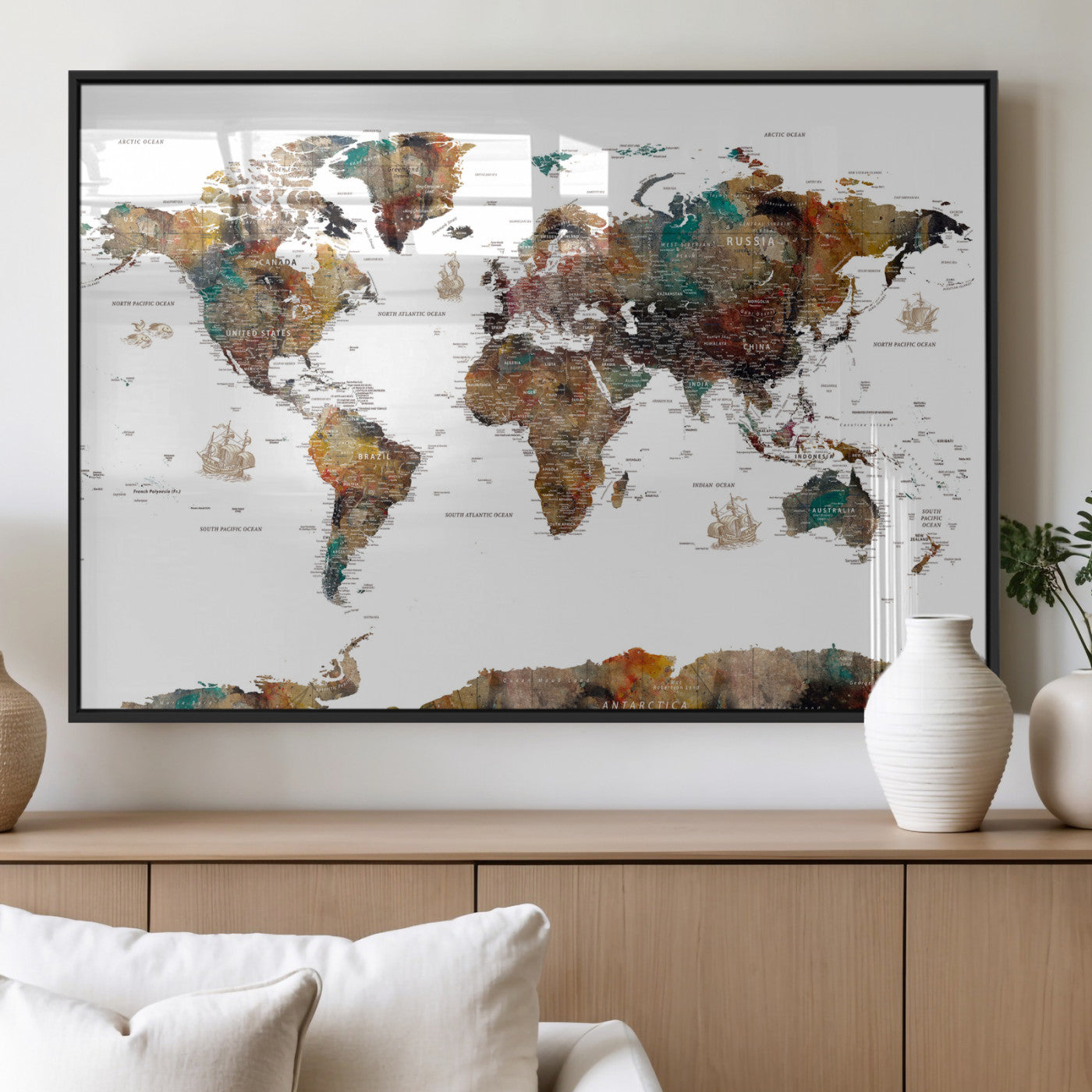 82293175-MGV-CV-36X24 - World Map Wall Art Canvas Print, Modern Decorative Framed Map Artwork Prints for Living Room, Office, Bedroom Wall Decor