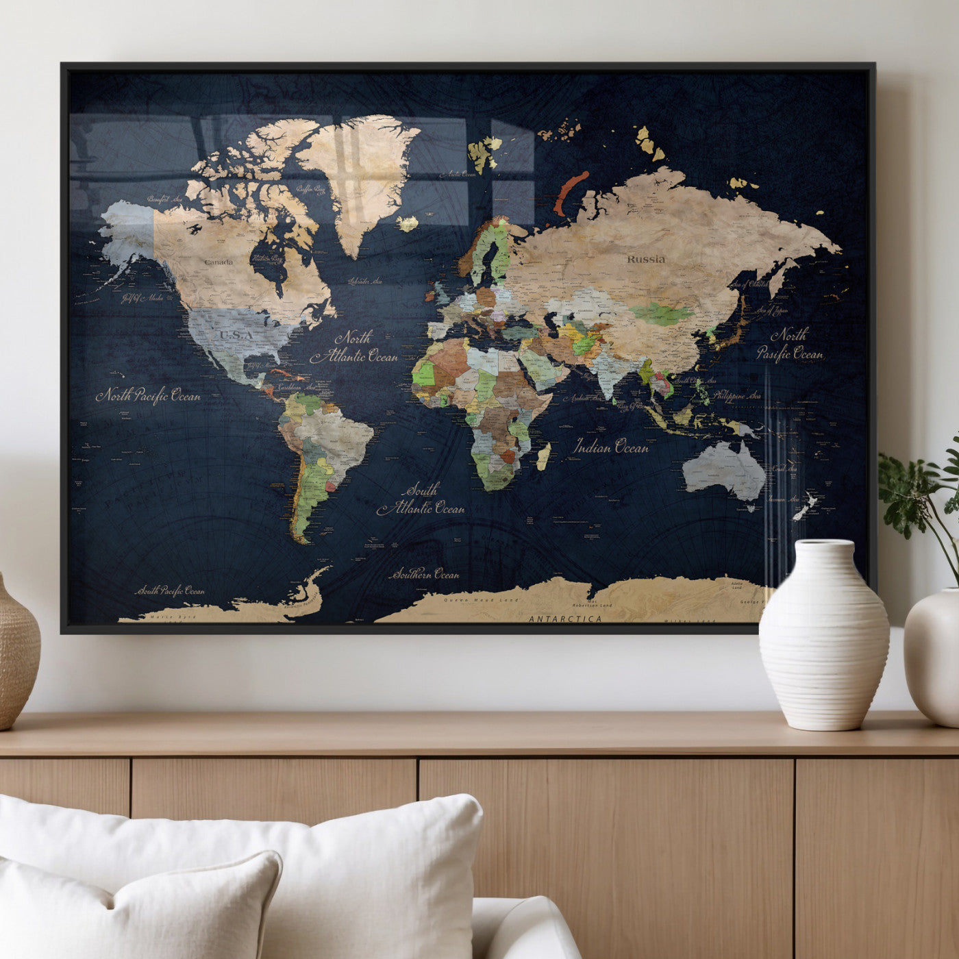 76603563-MGV-CV-36X24 - World Map Wall Art Canvas Print, Modern Decorative Framed Map Artwork Prints for Living Room, Office, Bedroom Wall Decor
