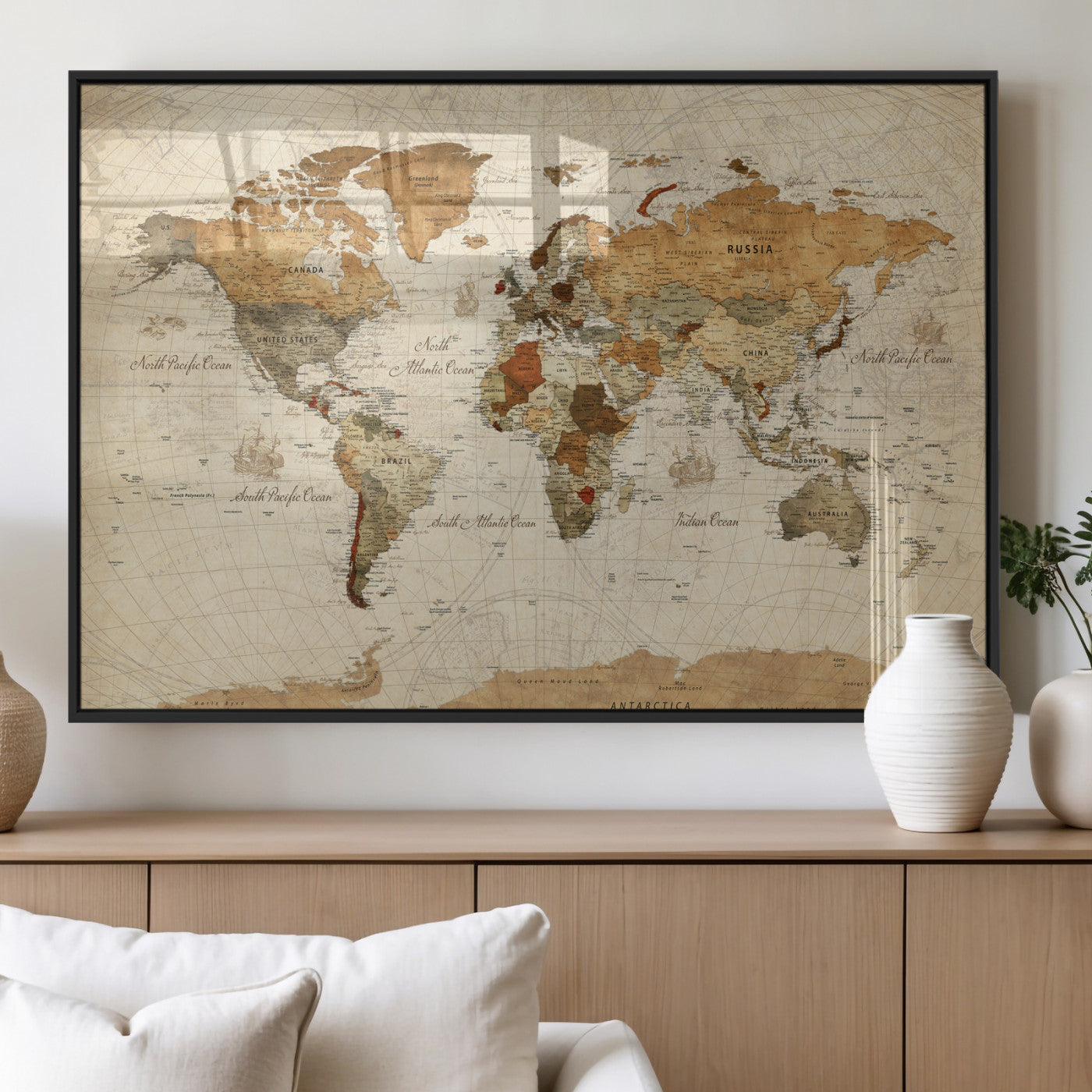 29684537-MGV-CV-36X24 - World Map Wall Art Canvas Print, Modern Decorative Framed Map Artwork Prints for Living Room, Office, Bedroom Wall Decor