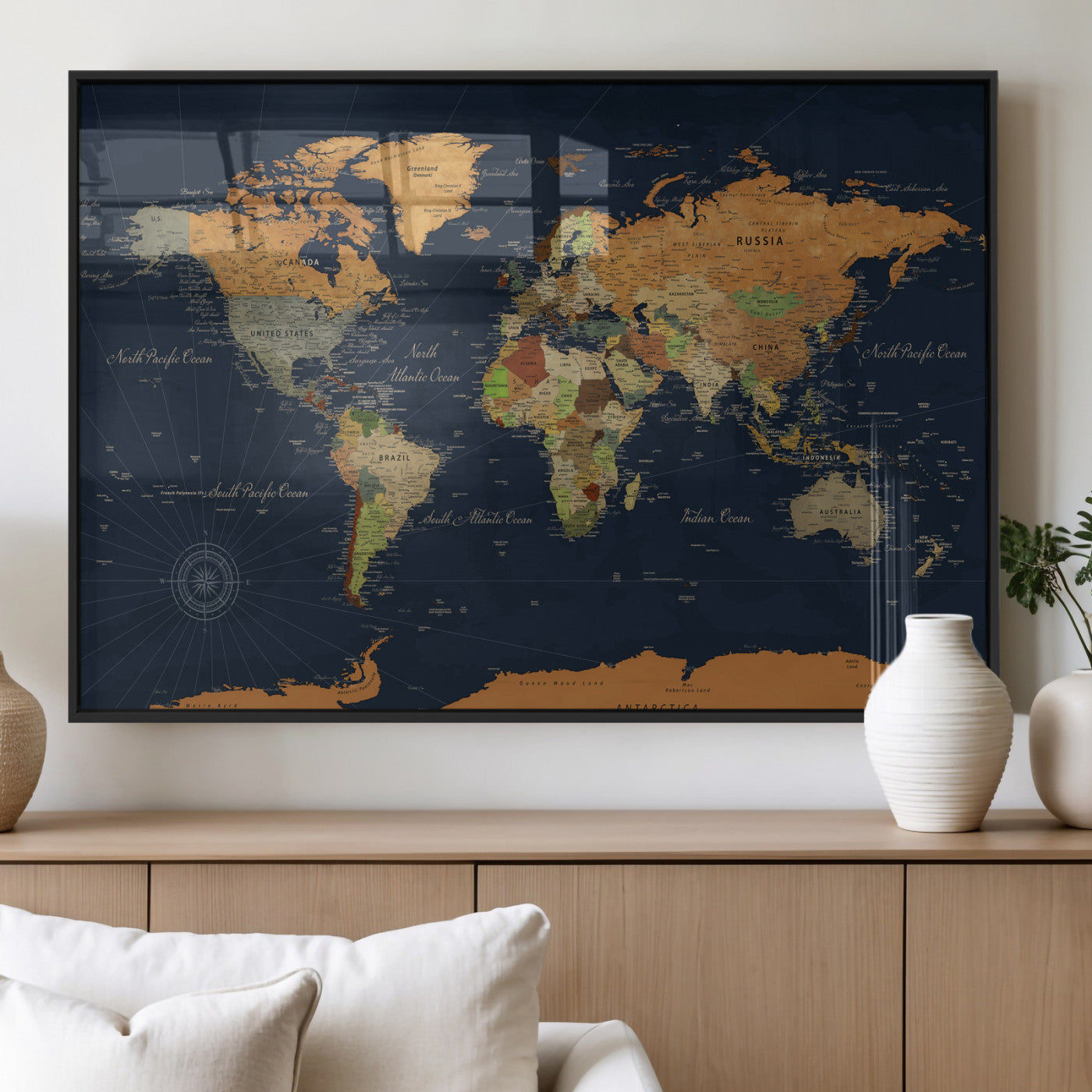 11715182-MGV-CV-36X24 - World Map Wall Art Canvas Print, Modern Decorative Framed Map Artwork Prints for Living Room, Office, Bedroom Wall Decor