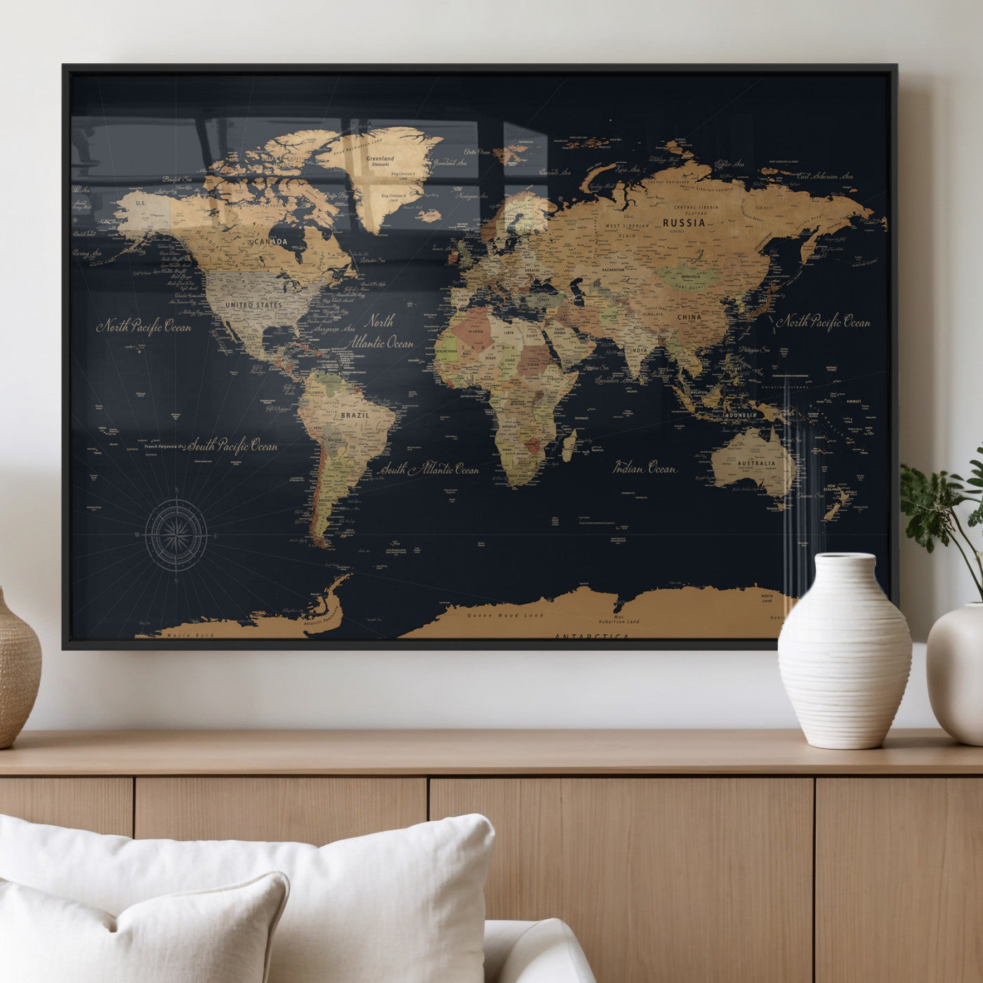 87280374-MGV-CV-36X24 - World Map Wall Art Canvas Print, Modern Decorative Framed Map Artwork Prints for Living Room, Office, Bedroom Wall Decor