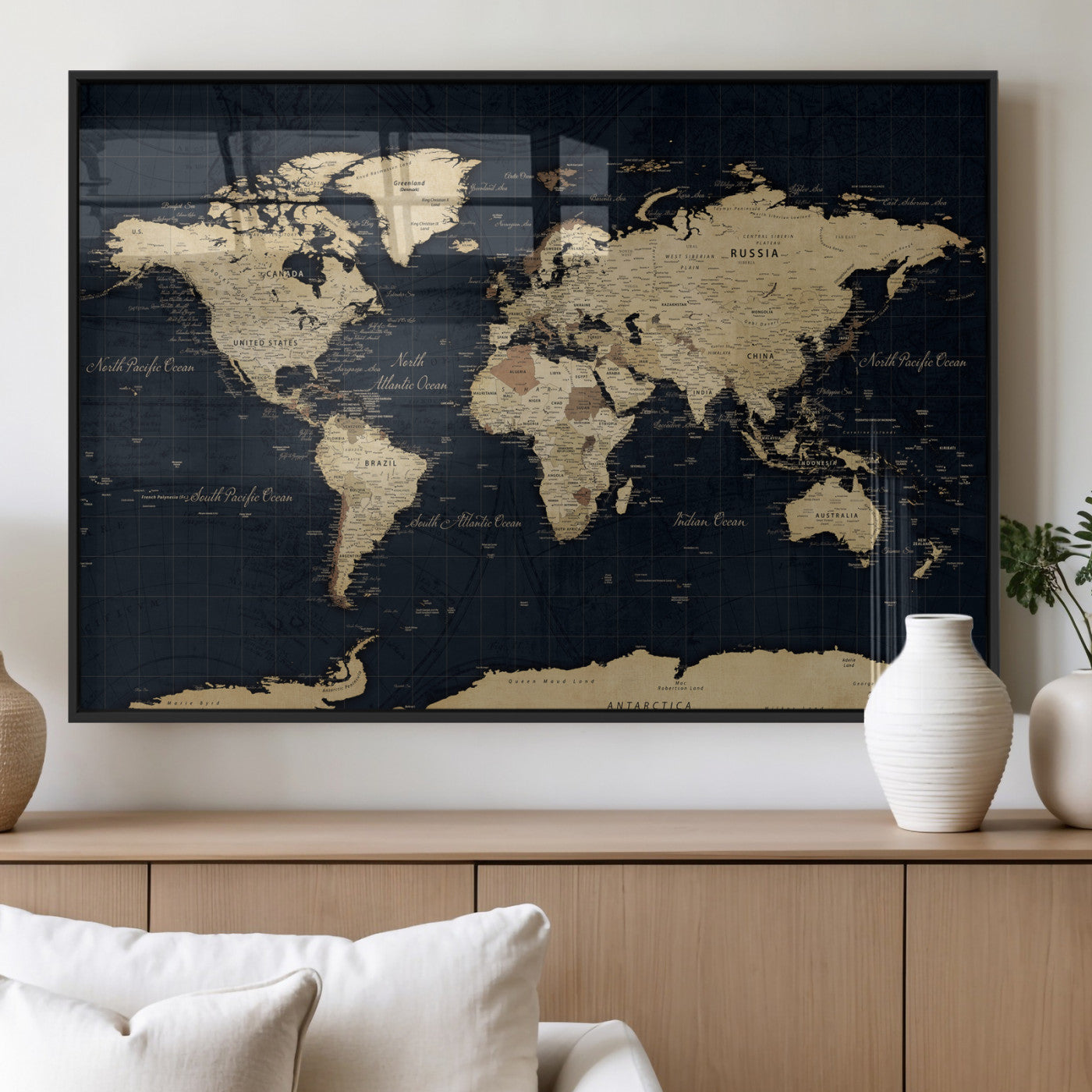 45063434-MGV-CV-36X24 - World Map Wall Art Canvas Print, Modern Decorative Framed Map Artwork Prints for Living Room, Office, Bedroom Wall Decor