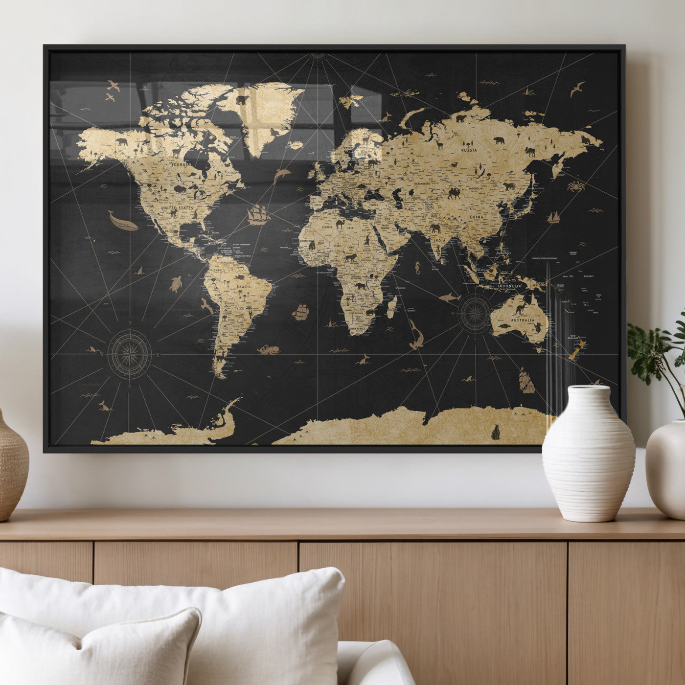 80270976-MGV-CV-36X24 - World Map Wall Art Canvas Print, Modern Decorative Framed Map Artwork Prints for Living Room, Office, Bedroom Wall Decor