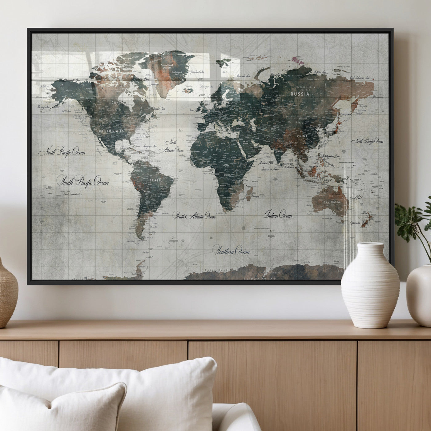 91179593-MGV-CV-36X24 - World Map Wall Art Canvas Print, Modern Decorative Framed Map Artwork Prints for Living Room, Office, Bedroom Wall Decor