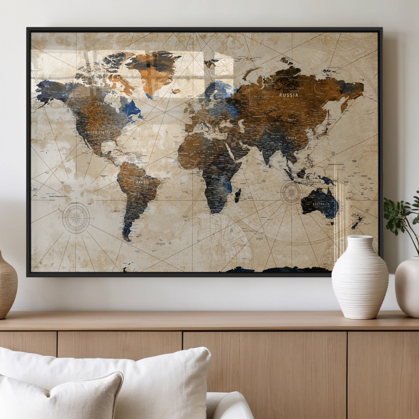 15727090-MGV-CV-36X24 - World Map Wall Art Canvas Print, Modern Decorative Framed Map Artwork Prints for Living Room, Office, Bedroom Wall Decor