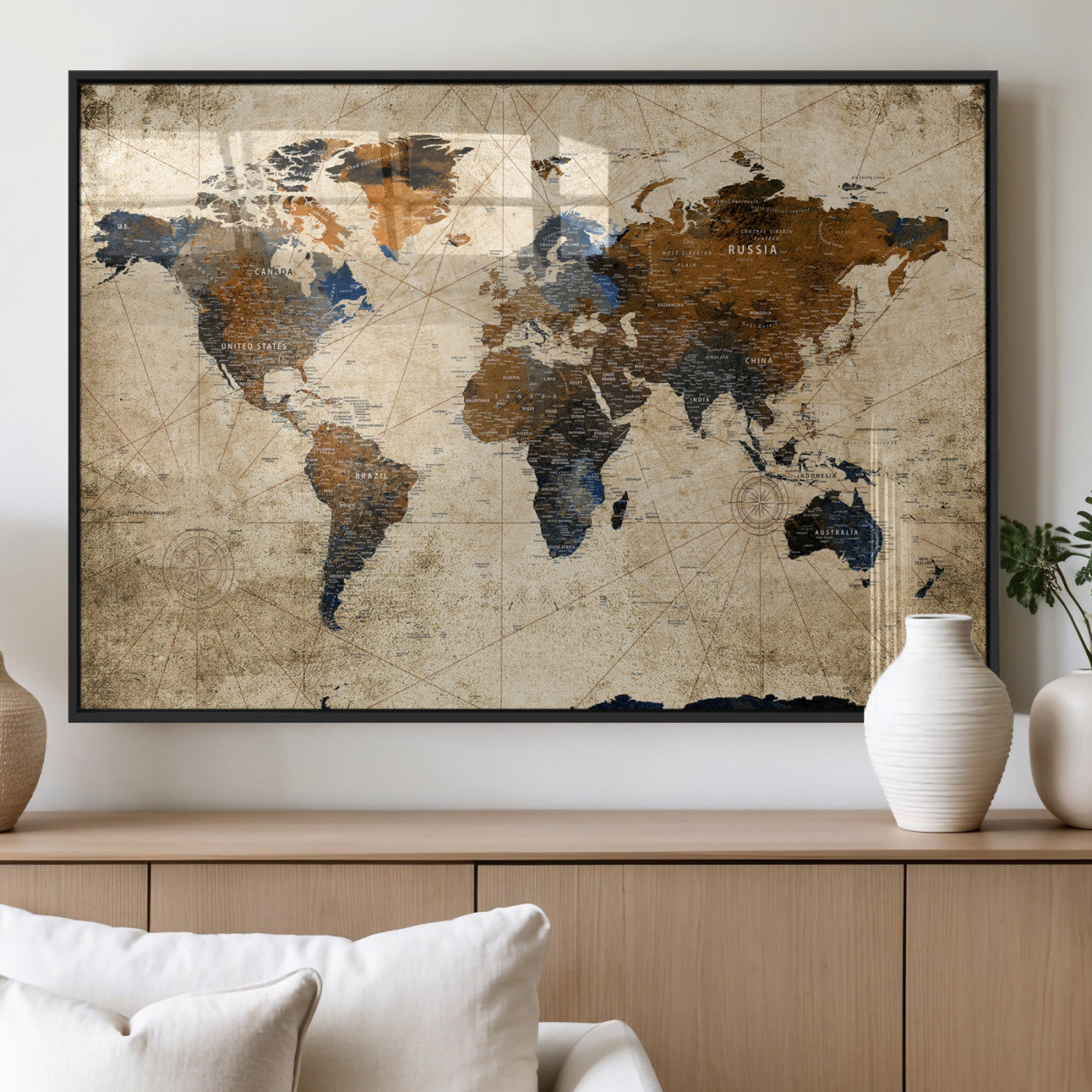 27163414-MGV-CV-36X24 - World Map Wall Art Canvas Print, Modern Decorative Framed Map Artwork Prints for Living Room, Office, Bedroom Wall Decor