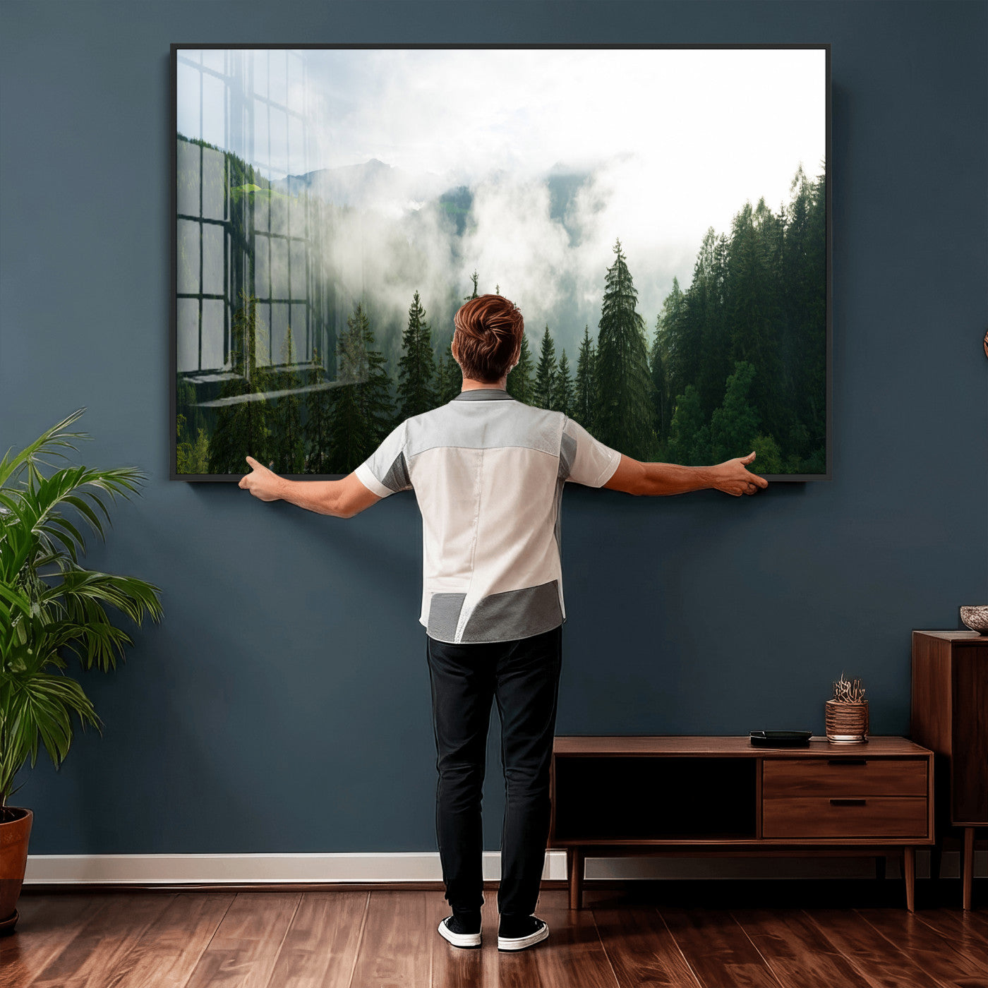 67174129-MGV-CV-36X24 - Misty Mountain Forest Canvas Print, Foggy Pine Trees Nature Wall Art, Framed Canvas Ready to Hang