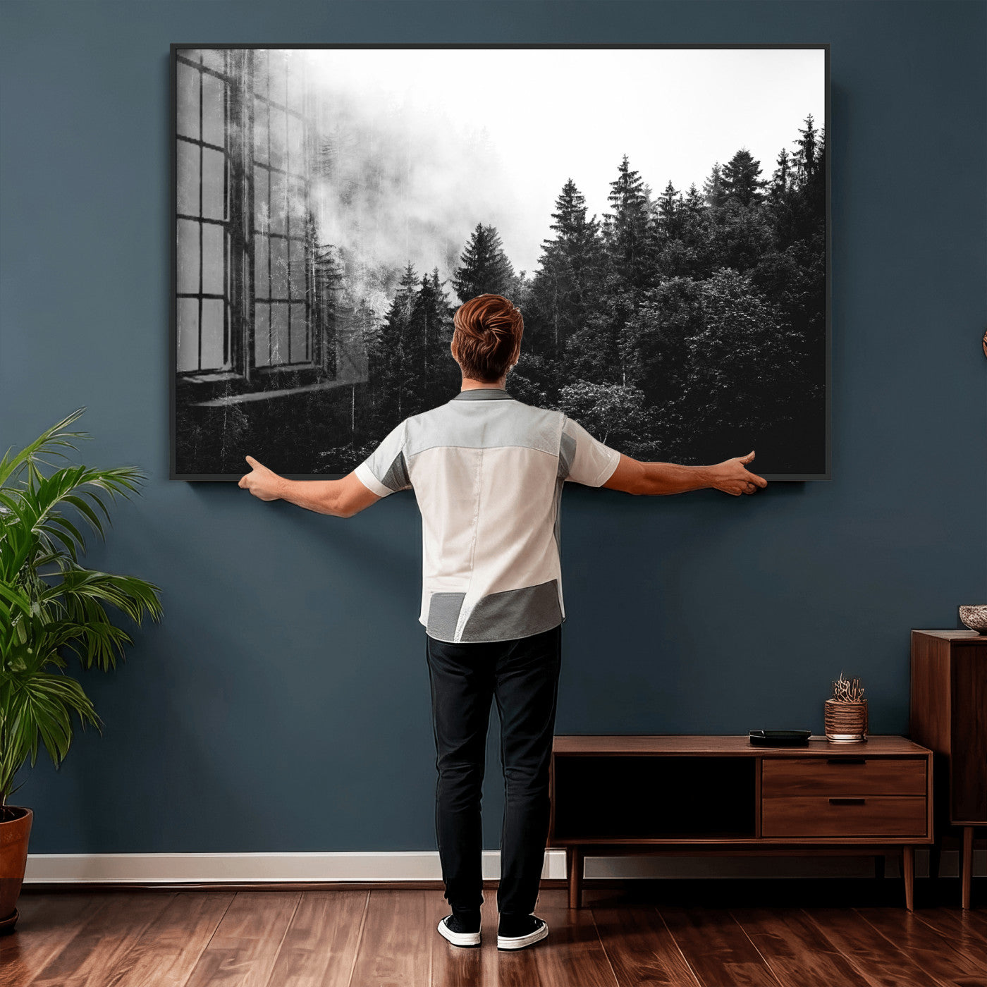 98764151-MGV-CV-36X24 - Black and White Forest Wall Art Canvas Print, Misty Pine Tree Landscape Photography, Framed Wall Art Ready to Hang