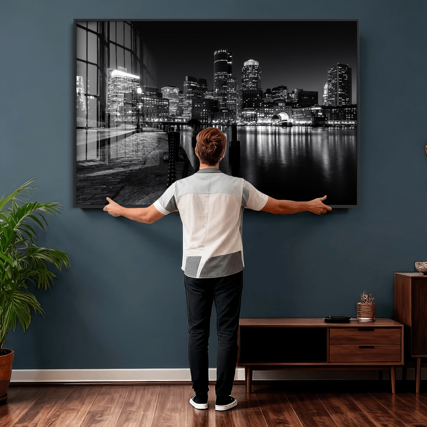53082656-MGV-CV-36X24 - Boston Wall Art Canvas Print, Boston City Downtown Night Cityscape Print for Modern Urban Wall Decor