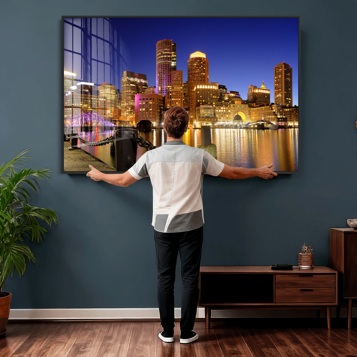 56611117-MGV-CV-36X24 - Boston Wall Art Canvas Print, Boston City Downtown Night Cityscape Print for Modern Urban Wall Decor