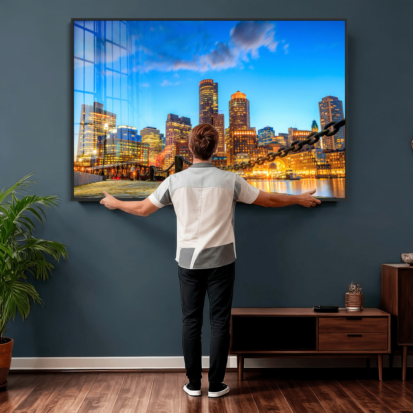 46736409-MGV-CV-36X24 - Boston Wall Art Canvas Print, Boston City Downtown Night Cityscape Print for Modern Urban Wall Decor