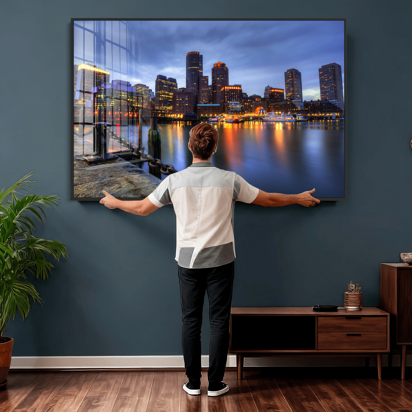 82439622-MGV-CV-36X24 - Boston Wall Art Canvas Print, Boston City Downtown Night Cityscape Print for Modern Urban Wall Decor