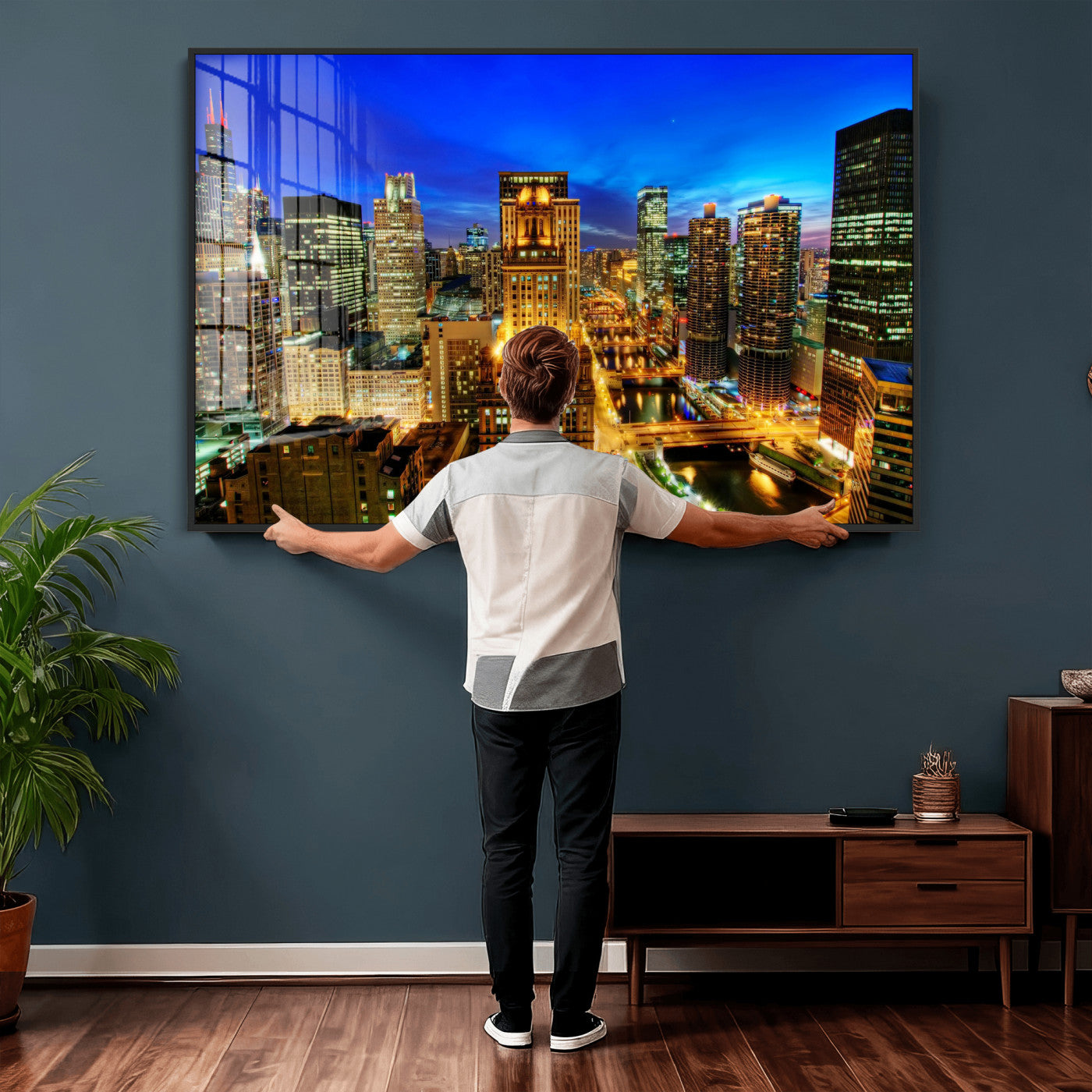 46298885-MGV-CV-36X24 - Chicago Wall Art Canvas Print, Chicago City Downtown Night Cityscape Print for Modern Urban Wall Decor