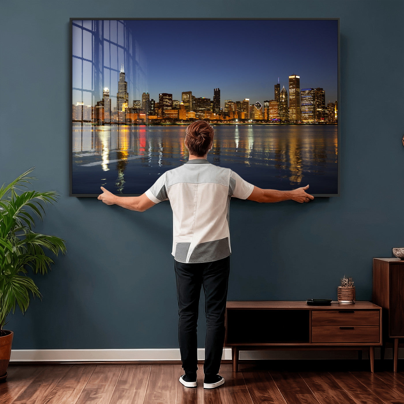 67308035-MGV-CV-36X24 - Chicago Wall Art Canvas Print, Chicago City Downtown Night Cityscape Print for Modern Urban Wall Decor