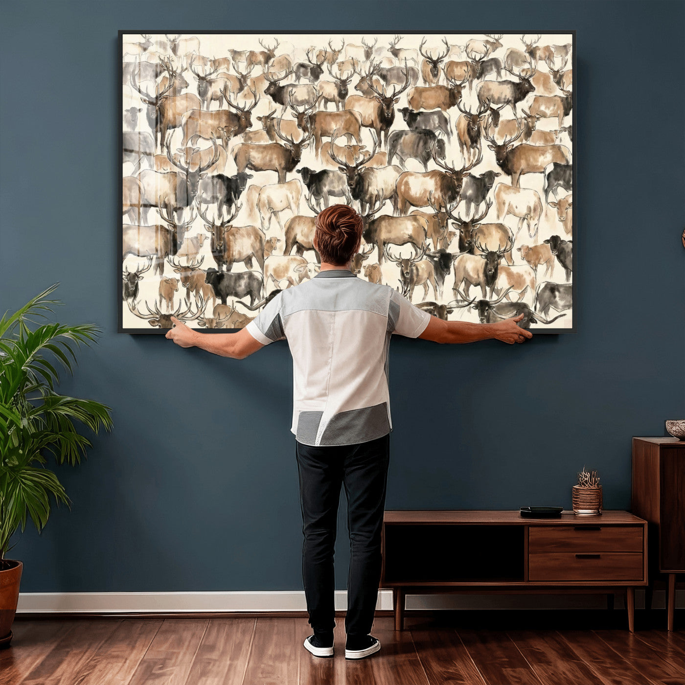 24374881-MGV-CV-36X24 - Farmhouse Animals Wall Art Canvas Print - Abstract Farm Animal Drawing Mid-Century Wall Art for Cabin Decor